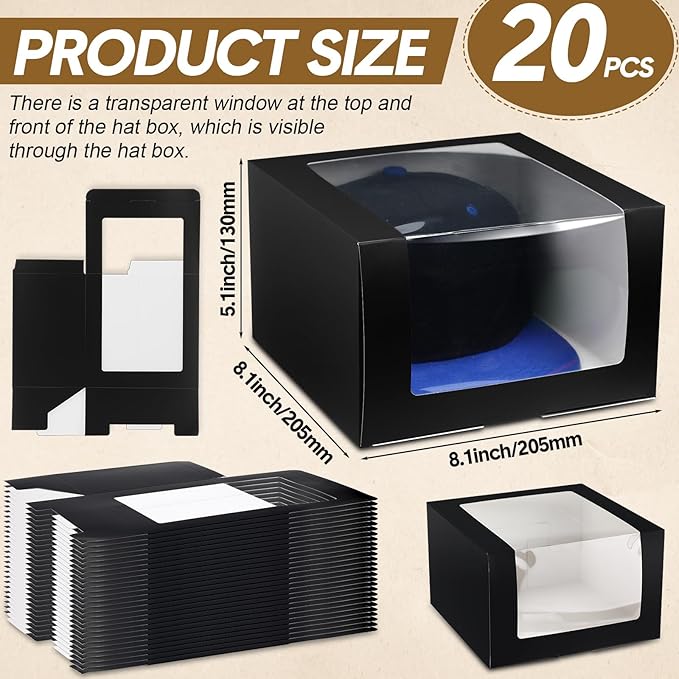 Gilprop 20 Pcs Hat Boxes for Men Black Gift Boxes with Window Display Box for Hat Storage Container for Baseball Caps, Dad Hat, Billed Cap, Snapbacks, Paper Fold Box Packing Box 8.1 x 8.1 x 5.1
