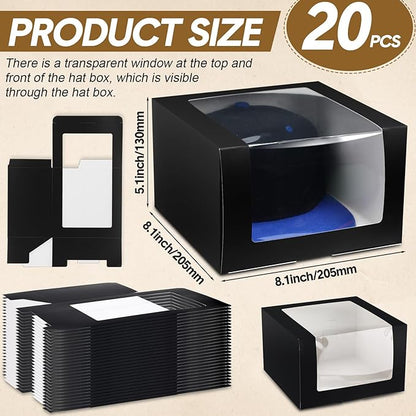 Gilprop 20 Pcs Hat Boxes for Men Black Gift Boxes with Window Display Box for Hat Storage Container for Baseball Caps, Dad Hat, Billed Cap, Snapbacks, Paper Fold Box Packing Box 8.1 x 8.1 x 5.1