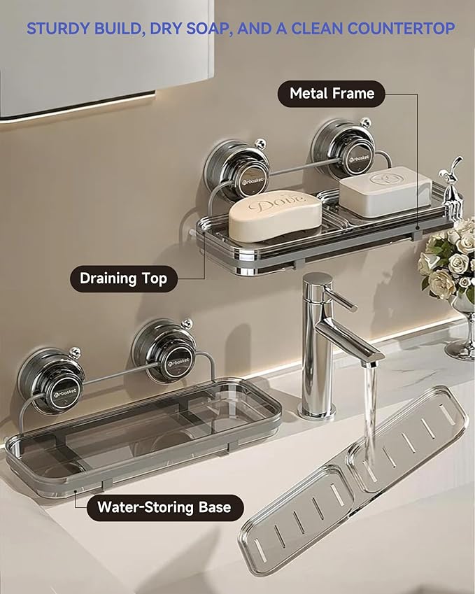 PEISAINOX Soap Dish for Shower Suction Cup Wall Soap Bar Holder Self Draining NO-Drilling Removable Sponge Holder for Bathroom Bathtub Kitchen Sink Waterproof Strong Vacuum Suction Adhesion