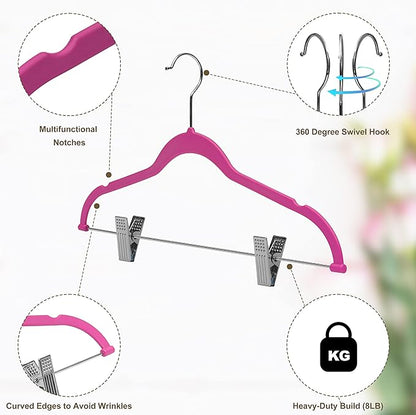 80 Pack Pink Quality Plastic Non Velvet Non-Flocked Thin Compact Coat Hangers with Metal Clips for Skirts Pants Blouses 360° Swivel Hook