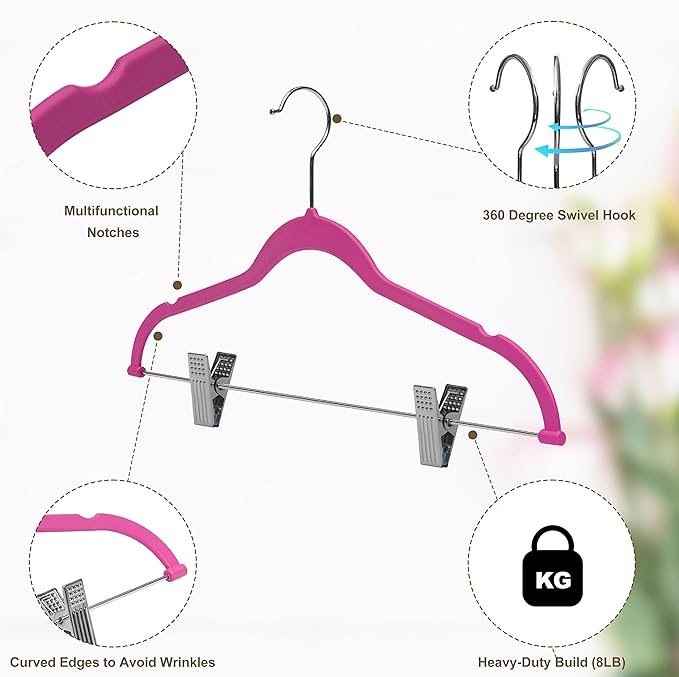 Quality Plastic 20-Pack Non Velvet Non-Flocked Thin Compact Skirt/Pant Hangers with Metal Clips for Skirts Pants Blouses Coats 360° Swivel Hook (Pink, 20)