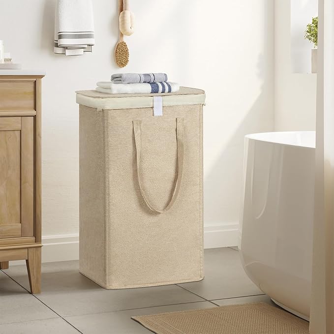 WOWLIVE 100L Laundry Hamper with Lid, Large Foldbale Laundry Basket with 2 Removable Bags and Handles, Tall Collapsible Dirty Clothes Hamper for Laundry Room, Bathroom, Dorm (Wheat)