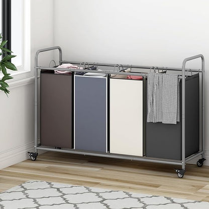 Laundry Sorter 4 Section Hamper Sorter with Heavy Duty Lockable Rolling Wheels Removable Bags Basket Separator for Dirty Clothes Storage, Assorted