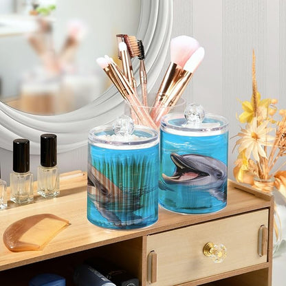 Milk Cow Qtip Holder with Lid 2PCS Apothecary Jars Storage Containers, Clear Plastic Canister for Cotton Swab,Floss Picks, Cosmetics (Cute Dolphin, one sizex2)