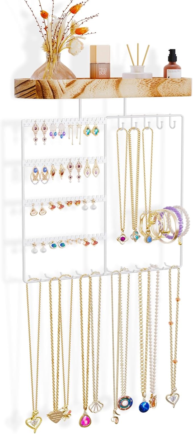 Lolalet Hanging Jewelry Organizer with Wood Shelf, 6-Tier Wall Mount Jewelry Holder with Earrings Holder Bracelets Holder Necklaces Hooks, Jewelry Display Rack for Wall Bathroom -White