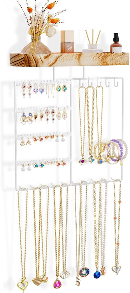 Lolalet Hanging Jewelry Organizer with Wood Shelf, 6-Tier Wall Mount Jewelry Holder with Earrings Holder Bracelets Holder Necklaces Hooks, Jewelry Display Rack for Wall Bathroom -White
