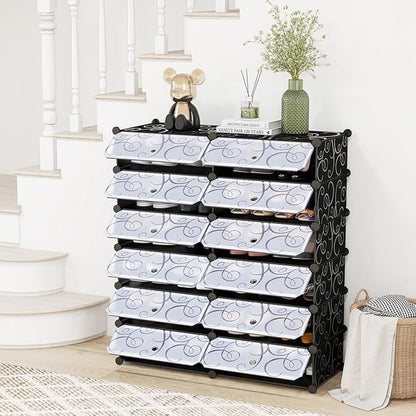 COSTWAY Shoe Rack Organizer, 6 Tier Shoe Shelves with Covers, DIY Design, 24-Pair Stackable Cube Organizer Boxes, Freestanding Shoe Cabinet for Entryway Bedroom Closet Hallway (Black)