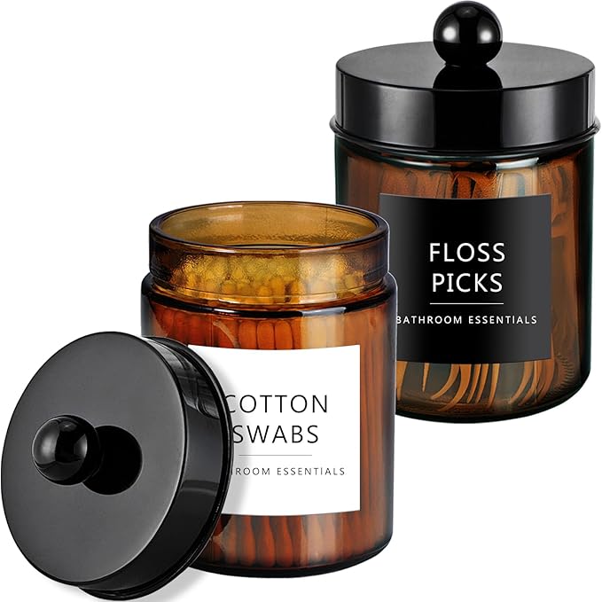 Amolliar Amber Glass Qtip Holder, Apothecary Jars with Black Plastic Lid & Stickers-Bathroom Qtip Dispenser Storage Organizer Set, Vanity Counter Cantainer for Cotton Swabs,Round Floss (2 Pack)
