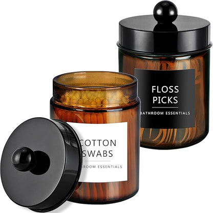 Amolliar Amber Glass Qtip Holder, Apothecary Jars with Black Plastic Lid & Stickers-Bathroom Qtip Dispenser Storage Organizer Set, Vanity Counter Cantainer for Cotton Swabs,Round Floss (2 Pack)