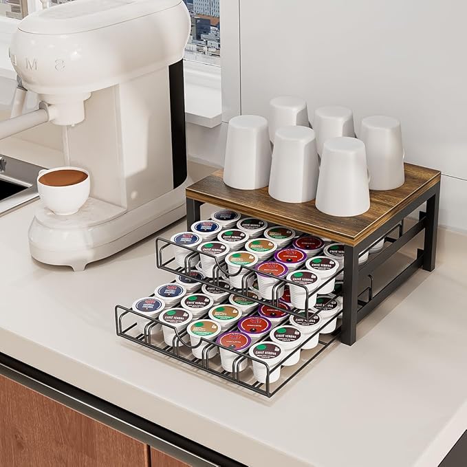 Coffee Pod Holder Drawer 2 Tier for K Cup Capsule Pods Storage Organizer Under Coffee Pot Storage Sliding Drawer (Black, 2 Tier)