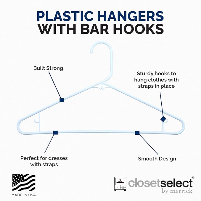 Homeselect 50 Pk Plastic Clothes Hangers Made in USA, No Shoulder Bumps, Space Saving, Hooks for Dresses and Strap, White, 6lb Capacity
