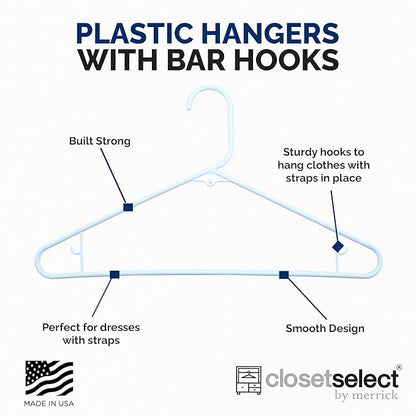 Homeselect 50 Pk Plastic Clothes Hangers Made in USA, No Shoulder Bumps, Space Saving, Hooks for Dresses and Strap, White, 6lb Capacity