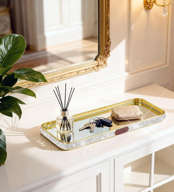 Bathroom Gold Tray Jewelry Perfume Makeup Organizer Decorative Tray for Vanity, Dresser, Bathroom, Bedroom Entrance Hall, Living Room(11.8IN White)