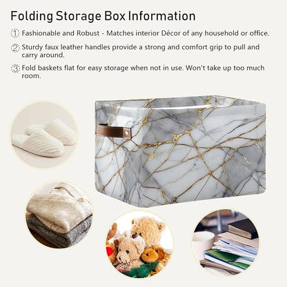 Gold Grey Marble Storage Basket Decorative Fabric Basket Bins Foldable Shelf Closet Basket Storage Box Cube With Handle Organizer Basket For Kids Toys Clothes Bedroom Nursery