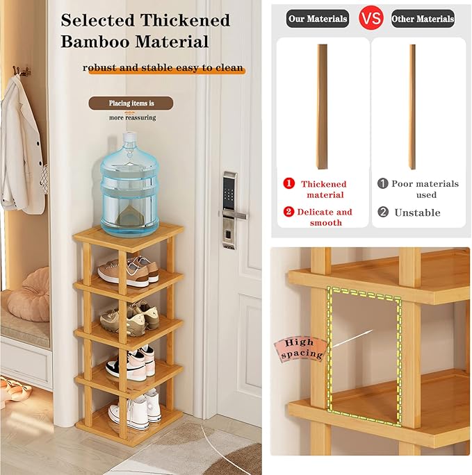 Bamboo Shoe Rack - Vertical Shoe Rack for Small Spaces, Tall Narrow Shoe Rack Organizer for Closet Entryway Corner Garage and Bedroom,Skinny Shoe Shelf Free Stackable DIY - Space Saving Storage