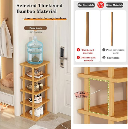 Bamboo Shoe Rack - Vertical Shoe Rack for Small Spaces, Tall Narrow Shoe Rack Organizer for Closet Entryway Corner Garage and Bedroom,Skinny Shoe Shelf Free Stackable DIY - Space Saving Storage