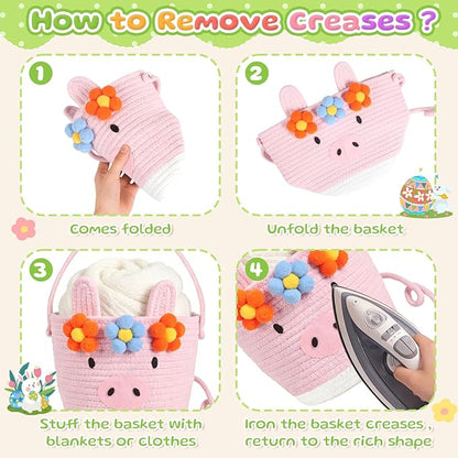 Small Woven Storage Basket with Handle, Cute Cartoon Pig Baskets for Gift Empty, Cotton Rope Storage Basket for Toy Organizer