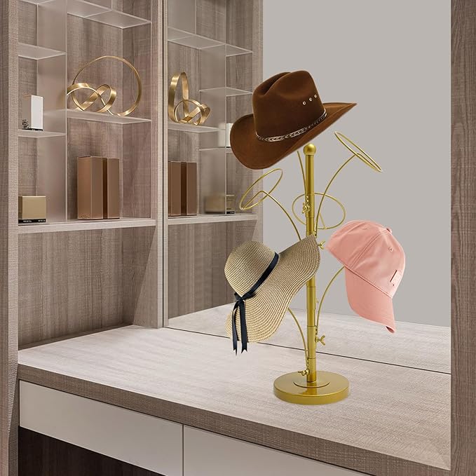 6 Hooks Hat Cap Rack Stand, Adjustable Hooks, Metal Hats Wig Display Hanger for Home Closet Retail Store (Gold)