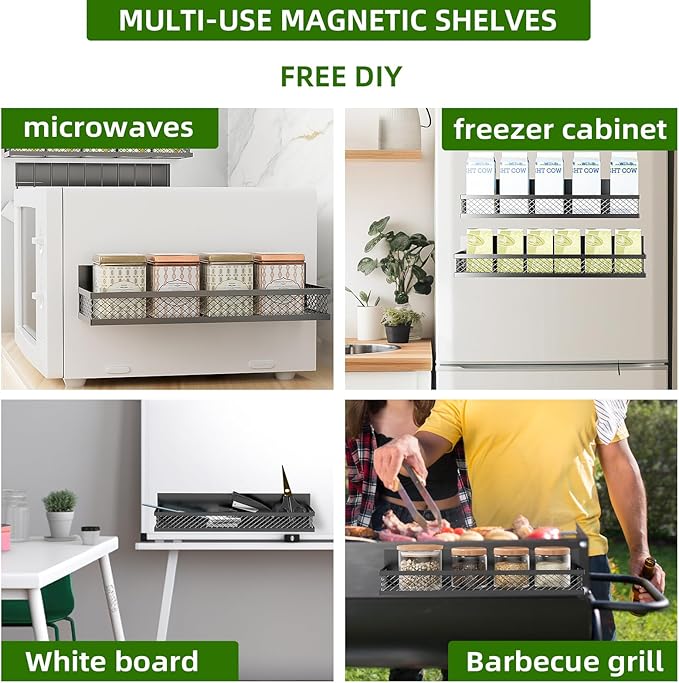 Magnetic Spice Rack for Refrigerator, 5 Pack Magnetic Shelf for Refrigerator, Moveable Fridge Magnetic Spice Racks with 10-Hook Rack for Kitchen Organizers and Storage