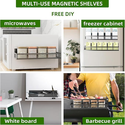 Magnetic Spice Rack for Refrigerator, 5 Pack Magnetic Shelf for Refrigerator, Moveable Fridge Magnetic Spice Racks with 10-Hook Rack for Kitchen Organizers and Storage