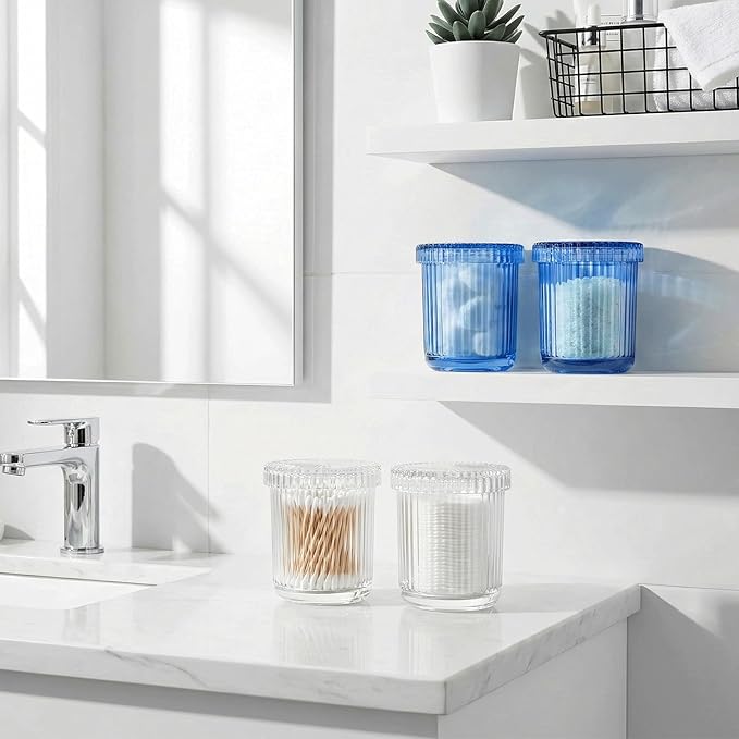 2 Pack Qtip Holder - Apothecary Jars with Lids, Bathroom Organizers and Storage Canister for Cotton Balls,Swabs,Floss Picks,Hair Ties,Clear Glass Vintage Bathroom Decor Jar Set (Blue)