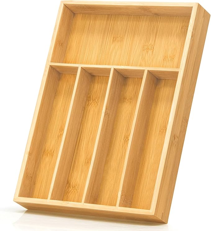 Silverware Drawer Storage, 5-Compartment Bamboo Cutlery Rack, Kitchen Cutlery Storage Box