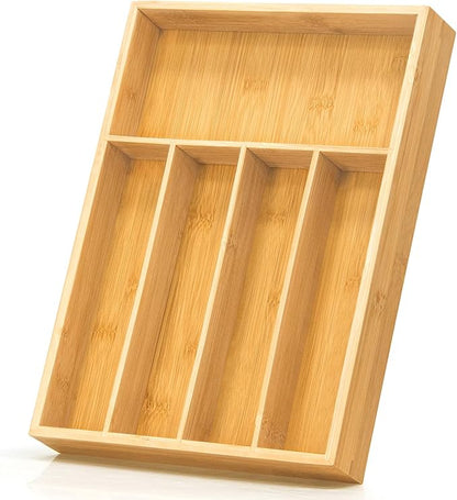 Silverware Drawer Storage, 5-Compartment Bamboo Cutlery Rack, Kitchen Cutlery Storage Box