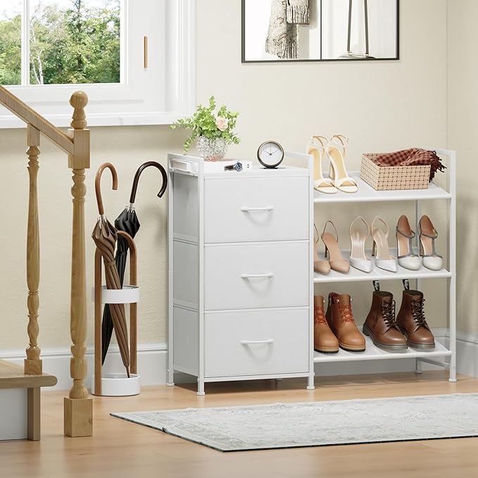 Somdot Shoe Rack, 3 Tier Shoe Organizer with 3 Drawers, Metal Shoe Storage Shelf for 6-9 Pairs of Shoes with Fabric Shelves and Wooden Top, Narrow Shoe Rack for Entryway, White Leather