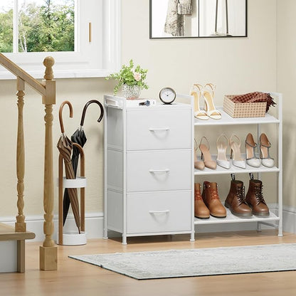 Somdot Shoe Rack, 3 Tier Shoe Organizer with 3 Drawers, Metal Shoe Storage Shelf for 6-9 Pairs of Shoes with Fabric Shelves and Wooden Top, Narrow Shoe Rack for Entryway, White Leather