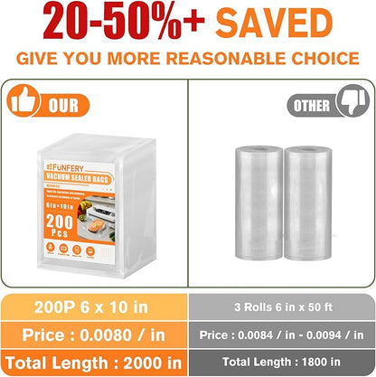 FUNFERY Precut Vacuum Sealer Bags for Food, 200 Pint 6" x 10", Food Long-Term Storage and Sous Vide Commercial-Grade Bag, BPA Free for Microwave, Boiling,Sous Vide, Refrigerator
