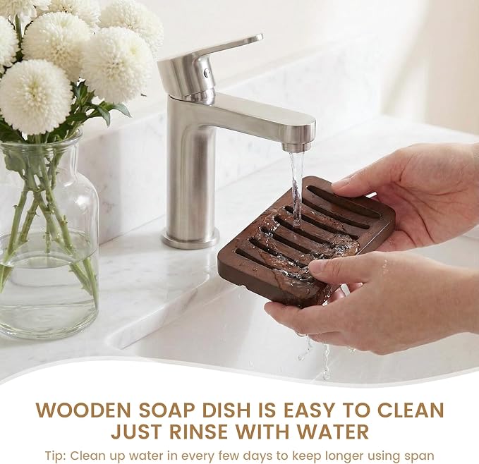Slotted Bar Wood Soap Dish Self Draining, Wooden Sponge Holder, 1 Pack Curved Slotted Bamboo Soap Dish with Drainage for Shower, Bathroom, Kitchen, Sink, Travel, Packed in A Box (Dark Brown)