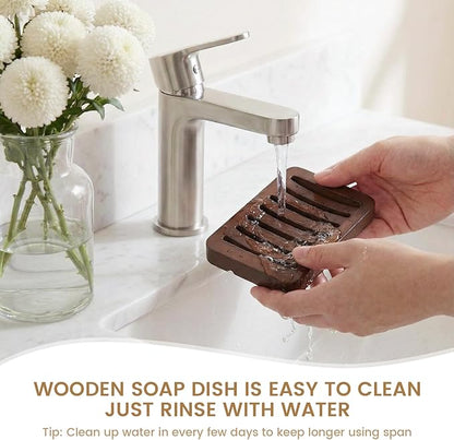 Slotted Bar Wood Soap Dish Self Draining, Wooden Sponge Holder, 1 Pack Curved Slotted Bamboo Soap Dish with Drainage for Shower, Bathroom, Kitchen, Sink, Travel, Packed in A Box (Dark Brown)