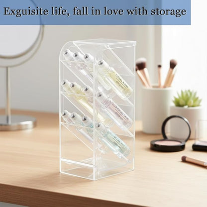 4-Tier Acrylic Rollerball Perfume Organizer, 45° Slanted Perfume Holder, Transparent ScentBird & Travel Size Perfume Sample Storage Case(1 pack)