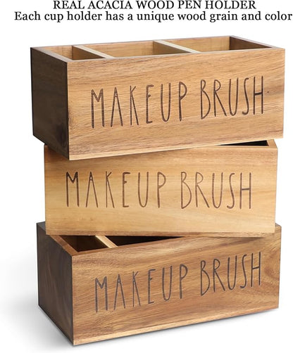 LBEMEY Acacia Wood Makeup Brush Organizer for Vanity,Cosmetic Skincare Organizers, Makeup Organizer with 3 Slots,Organizer Countertop for Cosmetics,Skincare, Brushes, Mascara,Lipstick,Pencils, Brown