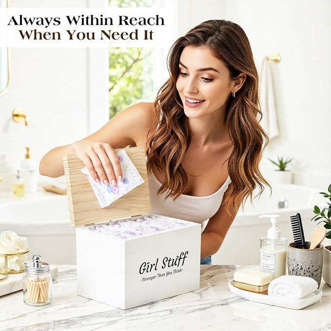 Luxspire Tampon Holder for Bathroom - Discreet Feminine Product Organizer with Lid & Wood Pad, Shark Week Tampon Storage Box, Stylish Girl Stuff Organizer for Bathroom, White