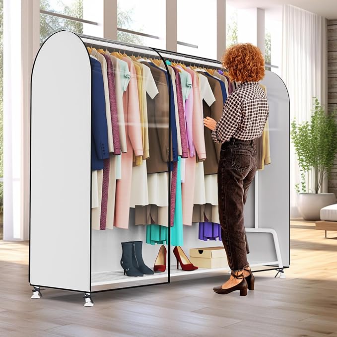 Clear Garment Rack Cover, Clothes Rack Cover Clothing Rack Cover with Durable Zippers for Garment Rack, Clothes Rack, White, 72"L x 20"W x 60"H (Rack Not Included)