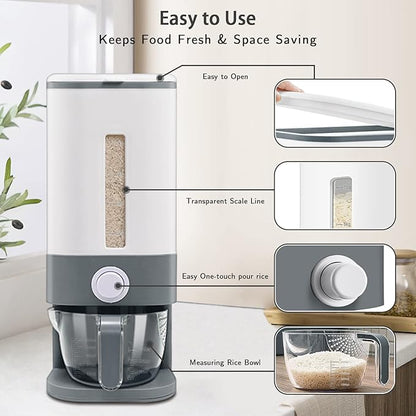 Lenwi 22-25 Lbs Rice Dispenser, Large Cereal Dry Food Storage Containers with Measuring Cup,BPA-Free Household for Kitchen Pantry Organization-Grey