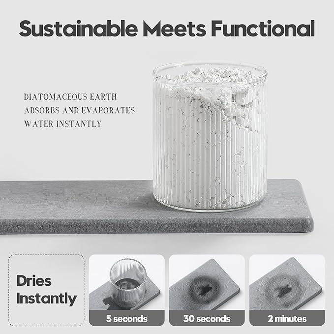 Razborci 3PCS Bathroom Sink Vanity Trays, Quick Stone Drying Mat Dish Soap Dispenser Sponge Holder for Kitchen Counter, Diatomaceous Earth Water Absorbing Caddy Organizer, Light Grey