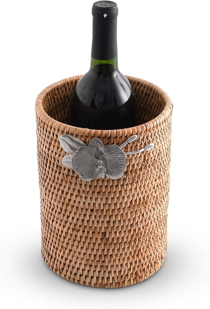 Vagabond House Wicker Rattan Utensil Holder, 8 Inches Tall, Large Kitchen Organizer with Pewter Orchid, Woven Boho Decor for Practicality and Style