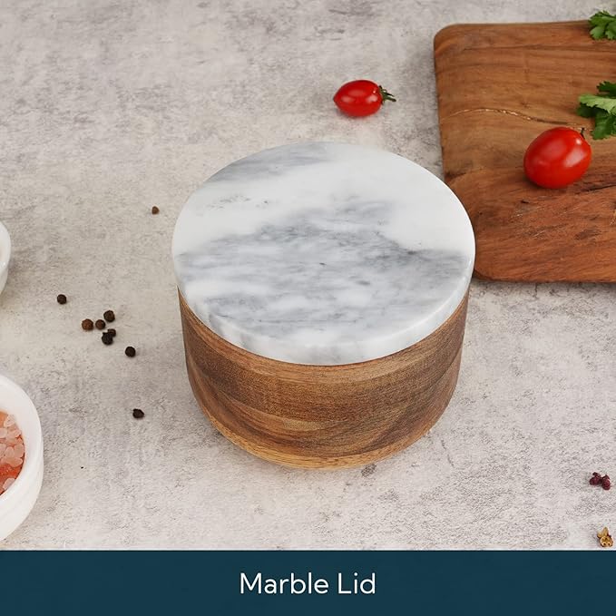 KITCHENDAO Acacia Wood Salt and Pepper Box Cellar Bowl with Grey Marble Lid and Built-in Spoon, Large Salt Container Cellar Storage Herb Sea Bath Salt Spice, Dual 5Oz Capacity
