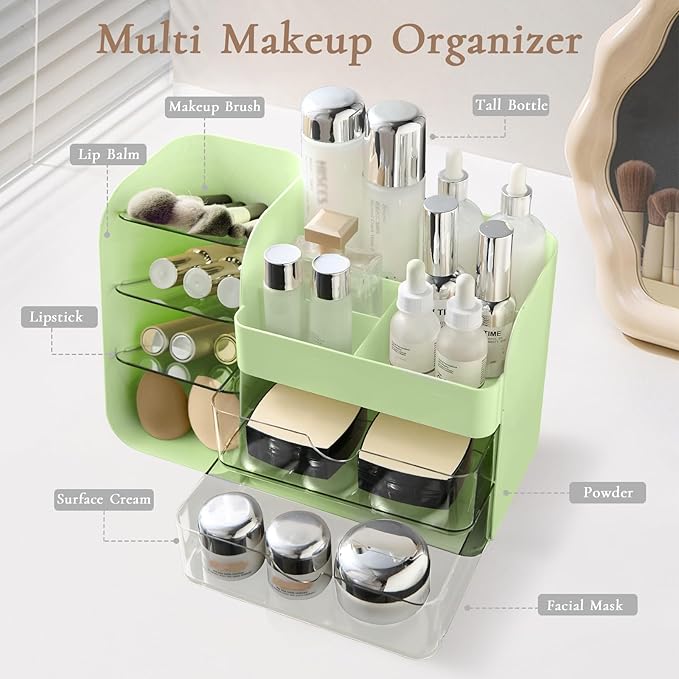 Makeup Organizer Countertop with Drawers, Cosmetic Organizer with Travel Makeup Brush Holder, Skincare Organizer & Storage with Drawers for Bathroom, Beauty Essentials, Eyeshadow (green)