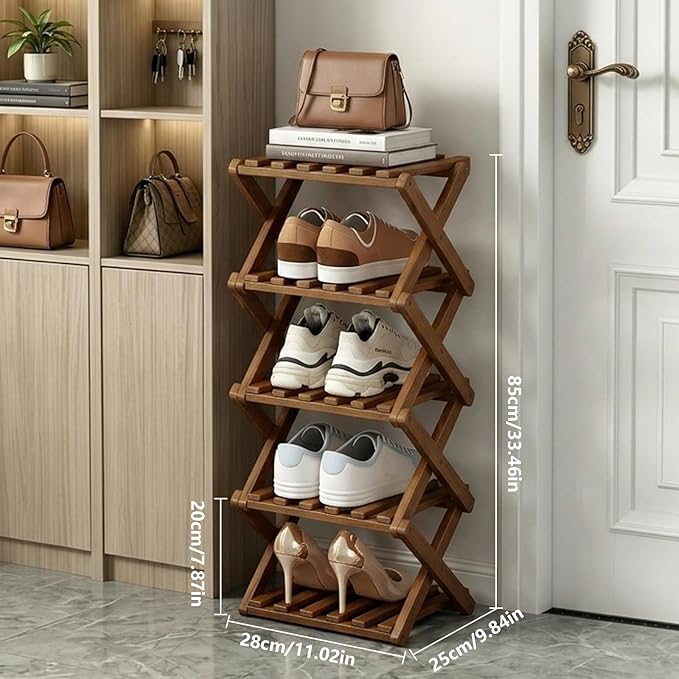 Narrow Shoe Rack, Foldable Bamboo Shoes Shelf for Small Spaces, Multifunctional Vertical Shoe Organizer Tall for Entryway, Closet, Corner, Bedroom, Hallway (Brown, 5 Layers)