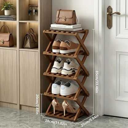 Narrow Shoe Rack, Foldable Bamboo Shoes Shelf for Small Spaces, Multifunctional Vertical Shoe Organizer Tall for Entryway, Closet, Corner, Bedroom, Hallway (Brown, 5 Layers)