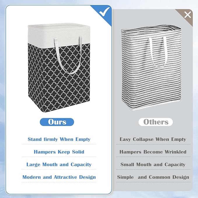 BlissTotes 3-Pack Laundry Basket, Freestanding＆Waterproof Laundry Hamper, Collapsible Tall Clothes Hamper with Easy Carry Handles for Clothes, Towels in the Family and Dorm,Clover Black,88L