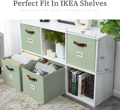 DECOMOMO Storage Baskets, 13x15x13 Storage Cube Bins with Labels for Organizing Shelves Kallax (Kallax / 4pcs, Sage Green)
