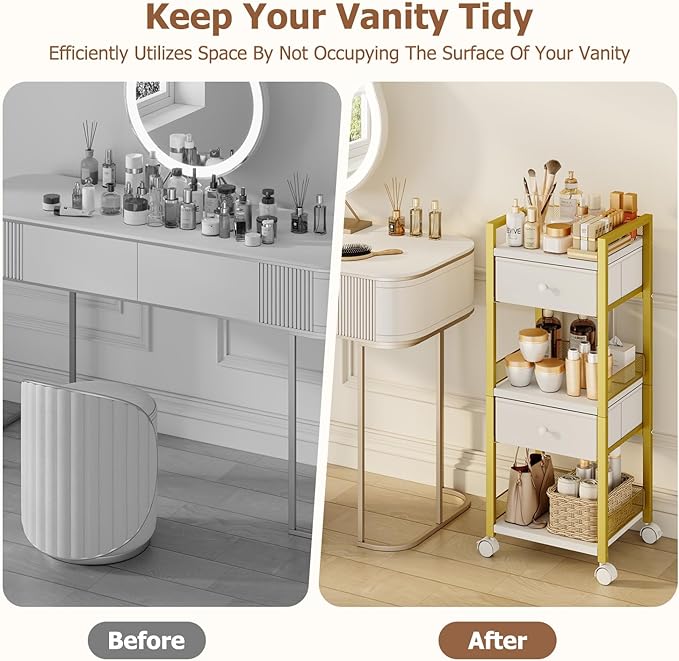 Flycity Makeup Organizer Cart with Drawers, 5 Tiers Rolling Makeup Cart, Floor Skincare Organizers, Vanity Organizer Storage with Wheels Cosmetic Display Cases for Skin Care Perfume Nail Polish, Gold