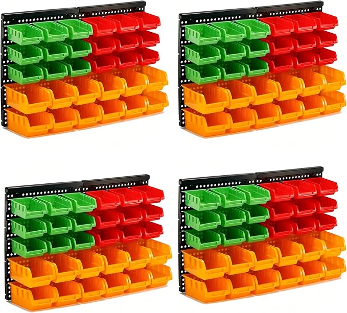 30-Bin Wall Mounted Storage Bins Kit, Tool Organizer Rack, Garage Hardware Organizer, Parts Storage Bins, DIY Combination 4 Set (Red & Green & Orange Type)