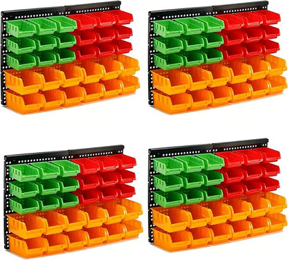 30-Bin Wall Mounted Storage Bins Kit, Tool Organizer Rack, Garage Hardware Organizer, Parts Storage Bins, DIY Combination 4 Set (Red & Green & Orange Type)