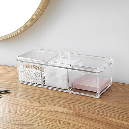 Sooyee Qtip Holder Rectangle Cotton Ball and Swab Holder Organizer with Lid, Dustproof,Waterproof,Clear Acrylic 3 Compartment Cotton Pad Container for Cotton Swabs, Make Up Pads, Cosmetics