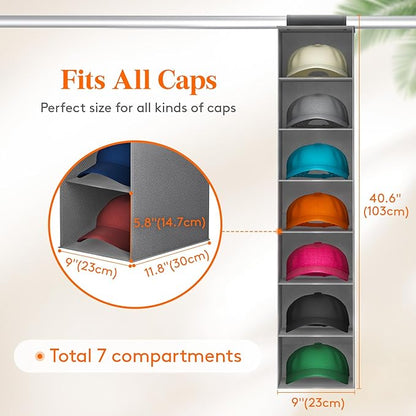 Lifewit Hat Organizer for Baseball Caps, Hat Rack Hanging Storage, Non-Woven Fabric Display Shelf Holds Up to 40 Hats, Cap Holder Hanger for Closet, Bedroom, 7 Compartments, Gray, 1 Pack
